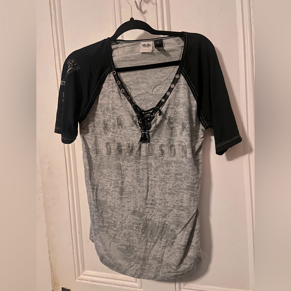 Vintage distressed 3/4 sleeve Harley Davidson ladies large t shirt euc